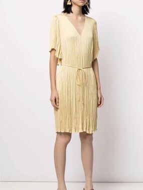 Vince Pleated V-Neck Silk blend Midi Dress in butter yellow size XS
